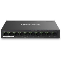 Black Mercusys 10-port desktop switch by TP-Link with 8 PoE+ ports, LED indicators, and sleek rectangular design.