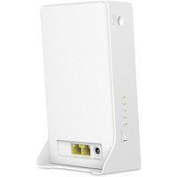 White Mercusys 4G+ Cat6 AC1200 router with vertical design, dual Ethernet ports, and LED indicators on the side.