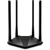 Black Mercusys AC1200 dual band router with four antennas and a sleek, angular design.