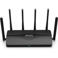 Black Mercusys BE9300 Tri-Band Wi-Fi 7 Router with five vertical antennas and sleek, glossy finish.