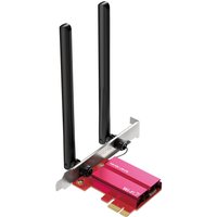 Red Mercusys MA37BE network card with dual black antennas and PCIe connector.