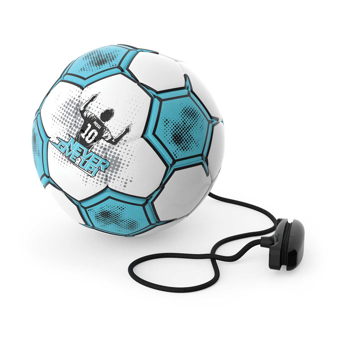 A white and blue training football featuring a graphic of a player in a black jersey, attached to a black elastic tether for practice.