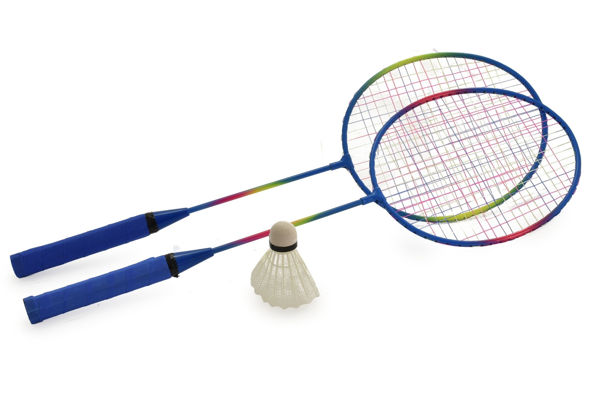 Two colorful metal badminton rackets with blue handles, featuring pink and green accents, alongside a white shuttlecock.