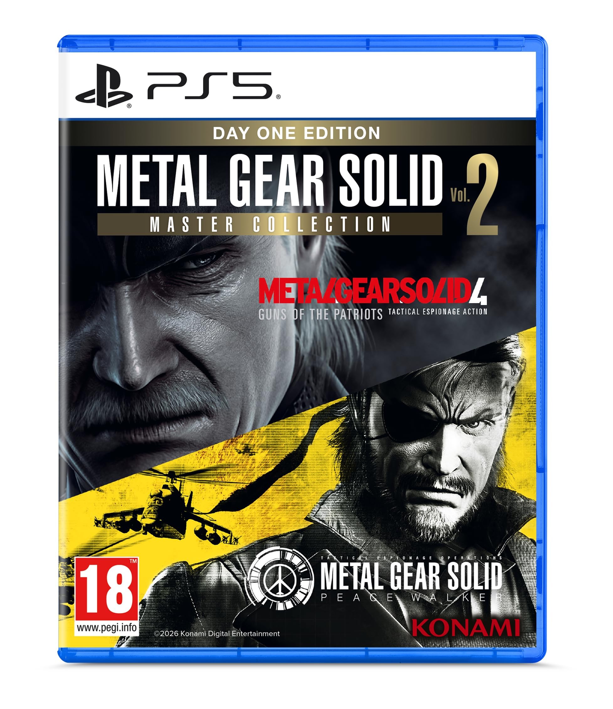 Blue PS5 game case featuring "Metal Gear Solid: Master Collection Volume 2 - Day One Edition," with artwork of Snake and a helicopter, and the "18" age rating in the corner.