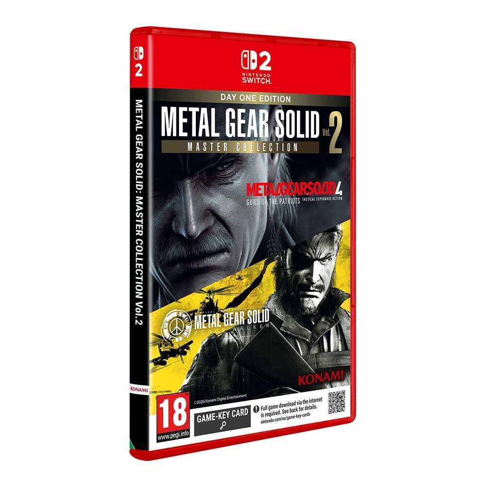 Red Nintendo Switch game case featuring "Metal Gear Solid: Master Collection Volume 2 - Day One Edition," with prominent artwork of characters and the Konami logo.