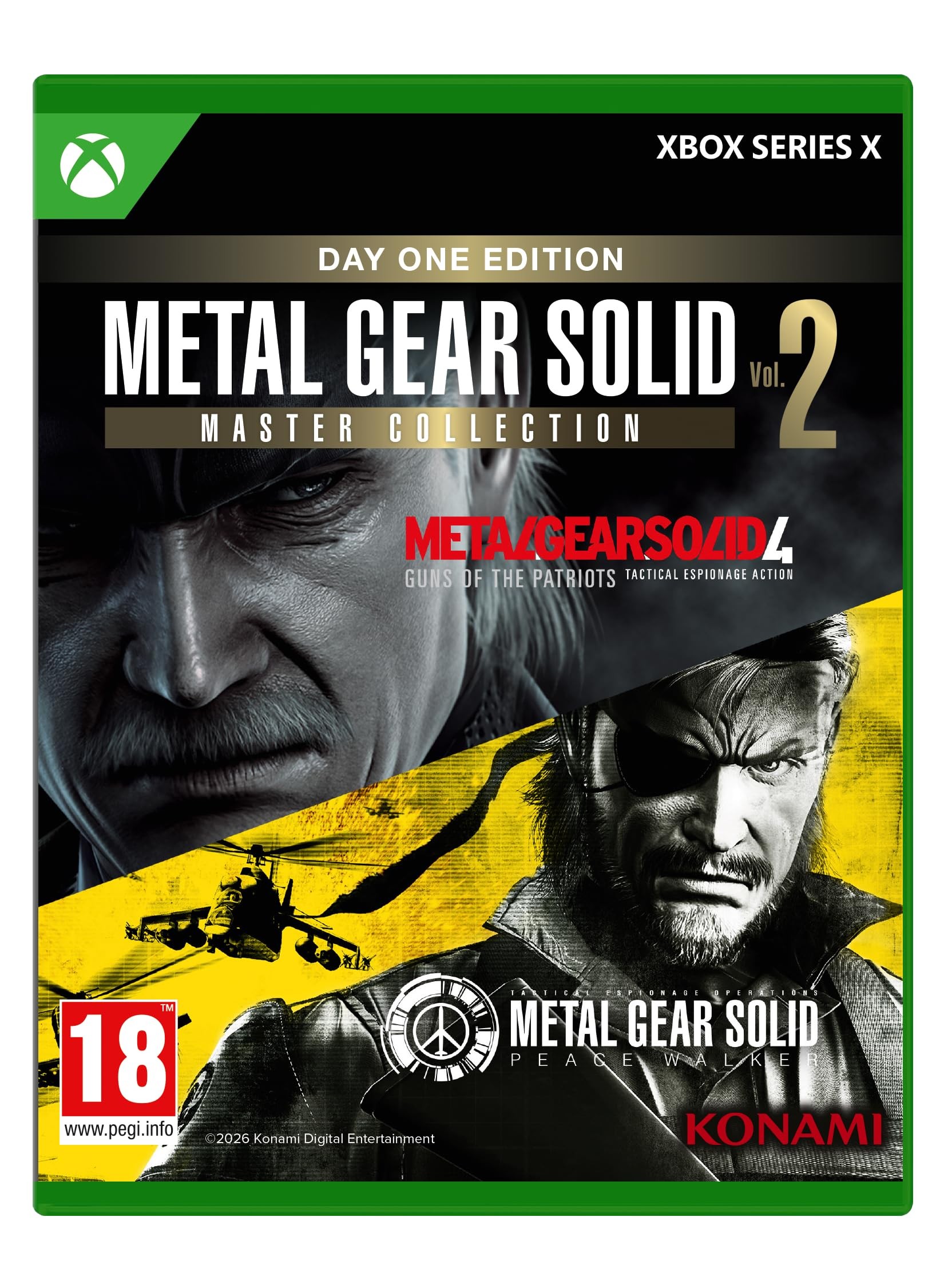 Green Xbox Series X case featuring "Metal Gear Solid: Master Collection Volume 2 - Day One Edition," with artwork of characters and logos, including "Guns of the Patriots" and "Peace Walker."