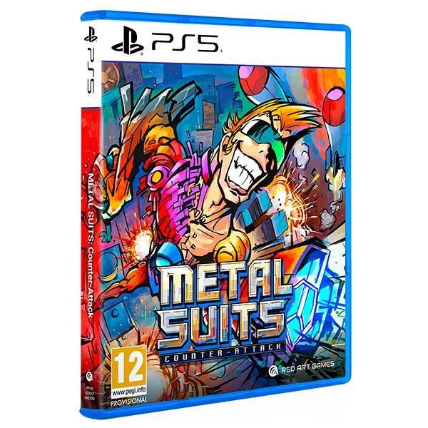 Colorful game cover for "Metal Suits: Counter Attack" featuring a stylized character with spiky hair, vibrant armor, and dynamic background, with PS5 branding on the blue case.