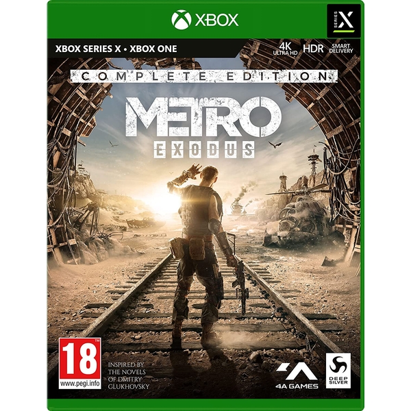 Metro Exodus - Complete Edition for Xbox Series X features a green case, a dramatic cover art showing a lone figure in a desolate landscape, emphasizing survival themes and adventure.