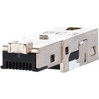 Metallic RJ45 connector by Metz Connect, silver casing with black insert and latch mechanism.