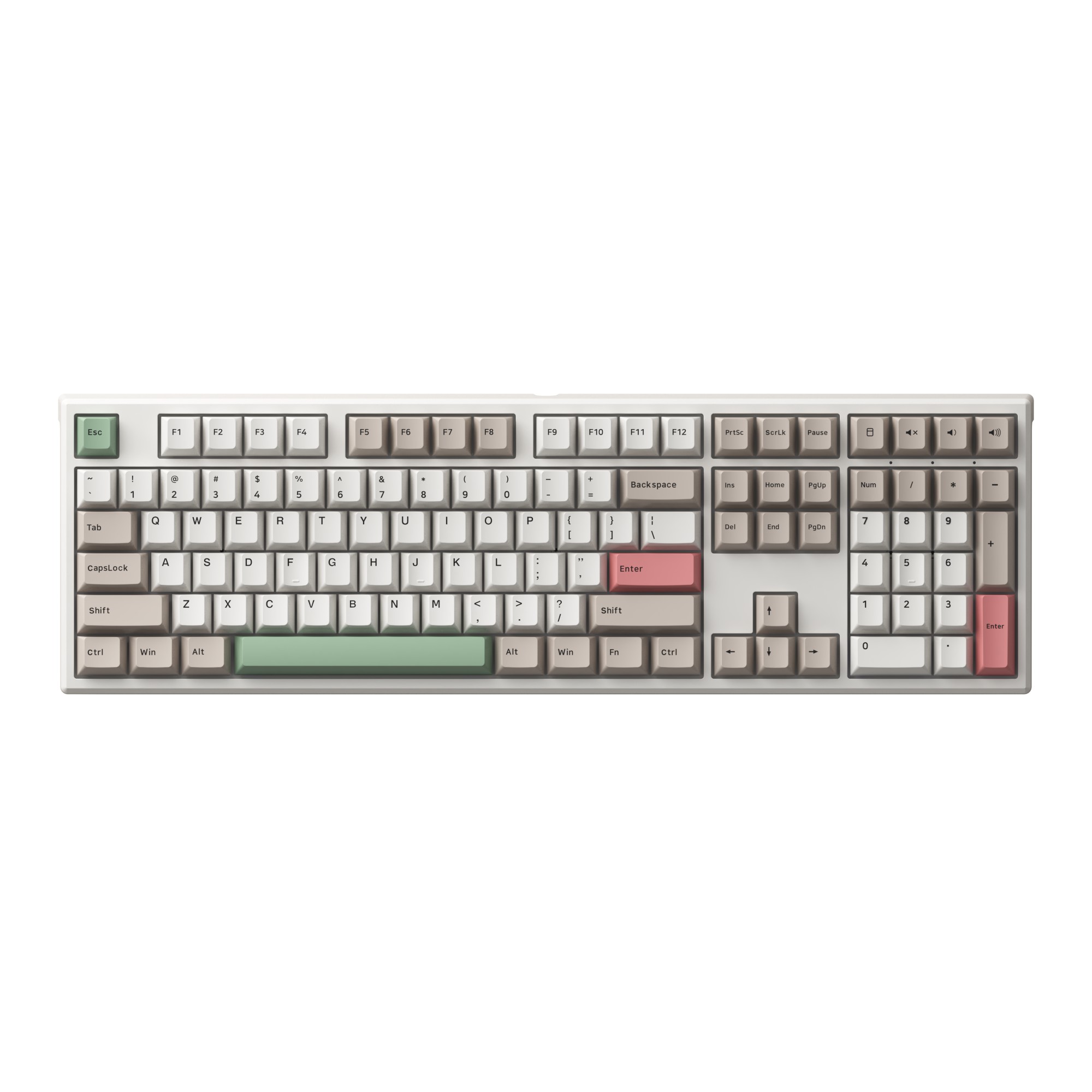 Retro-style keyboard with a beige and brown color scheme, featuring sculpted keycaps, a compact layout, and a green Enter key, ideal for a vintage aesthetic.