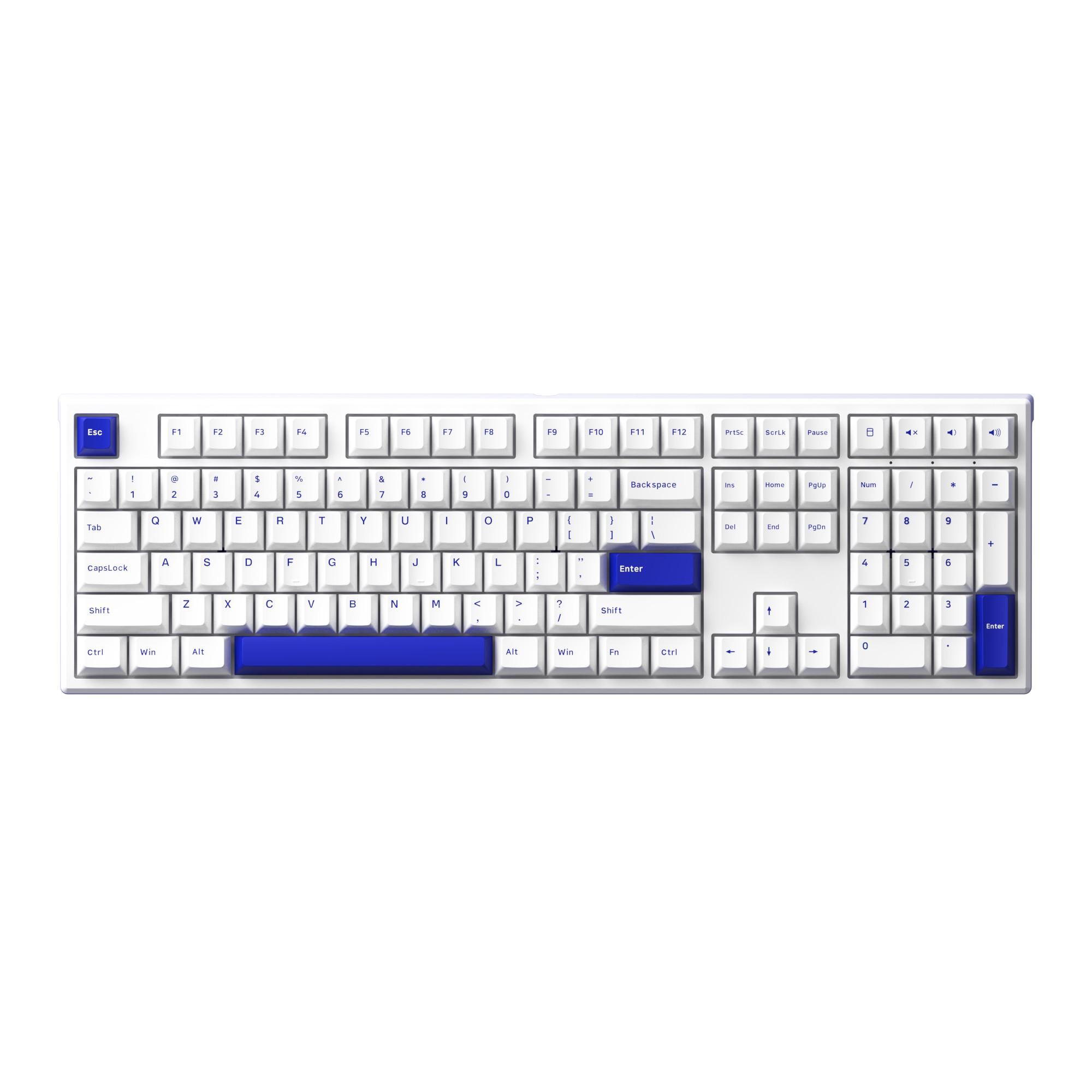 A white mechanical keyboard featuring blue keycaps for specific keys, including the Enter and Escape keys, with a clean, modern design and a full layout.
