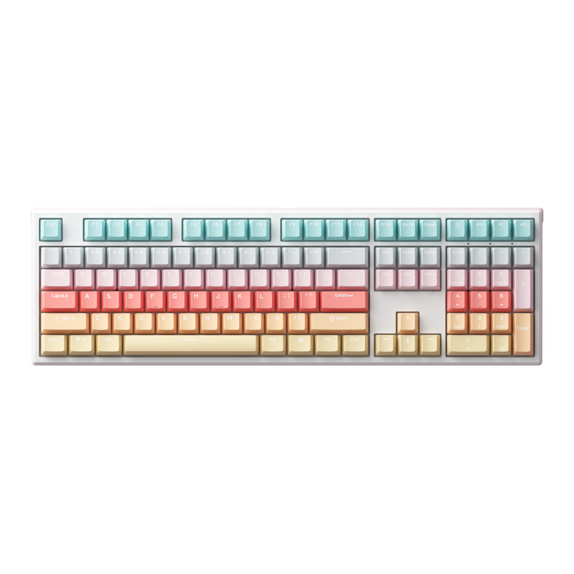 Colorful mechanical keyboard featuring pastel pink, blue, and cream keycaps on a white base, with a compact layout and distinct ice cream-themed design elements.