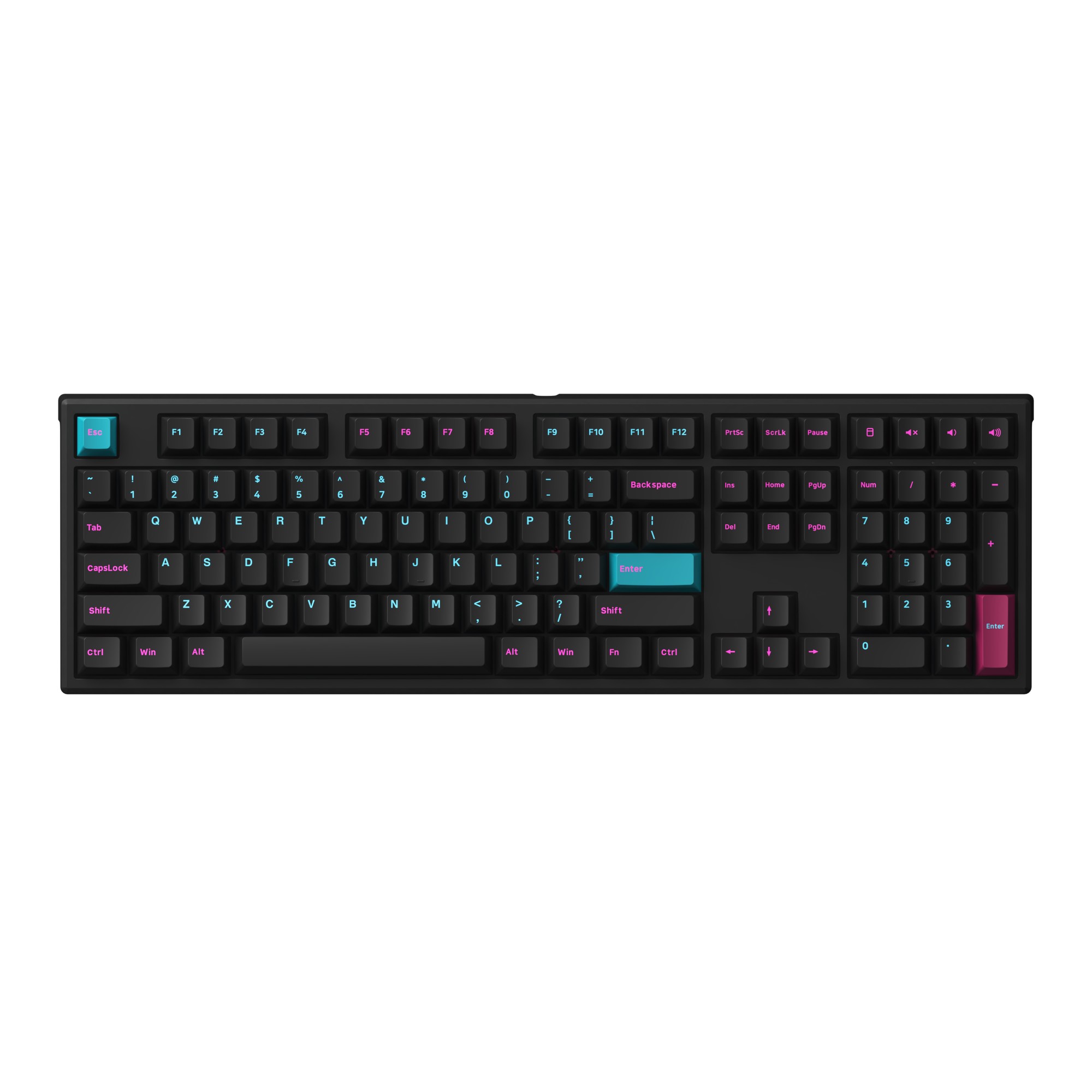 Black mechanical keyboard with RGB backlit keys, featuring teal and purple accents, compact layout, and customizable keycaps for a sleek gaming aesthetic.