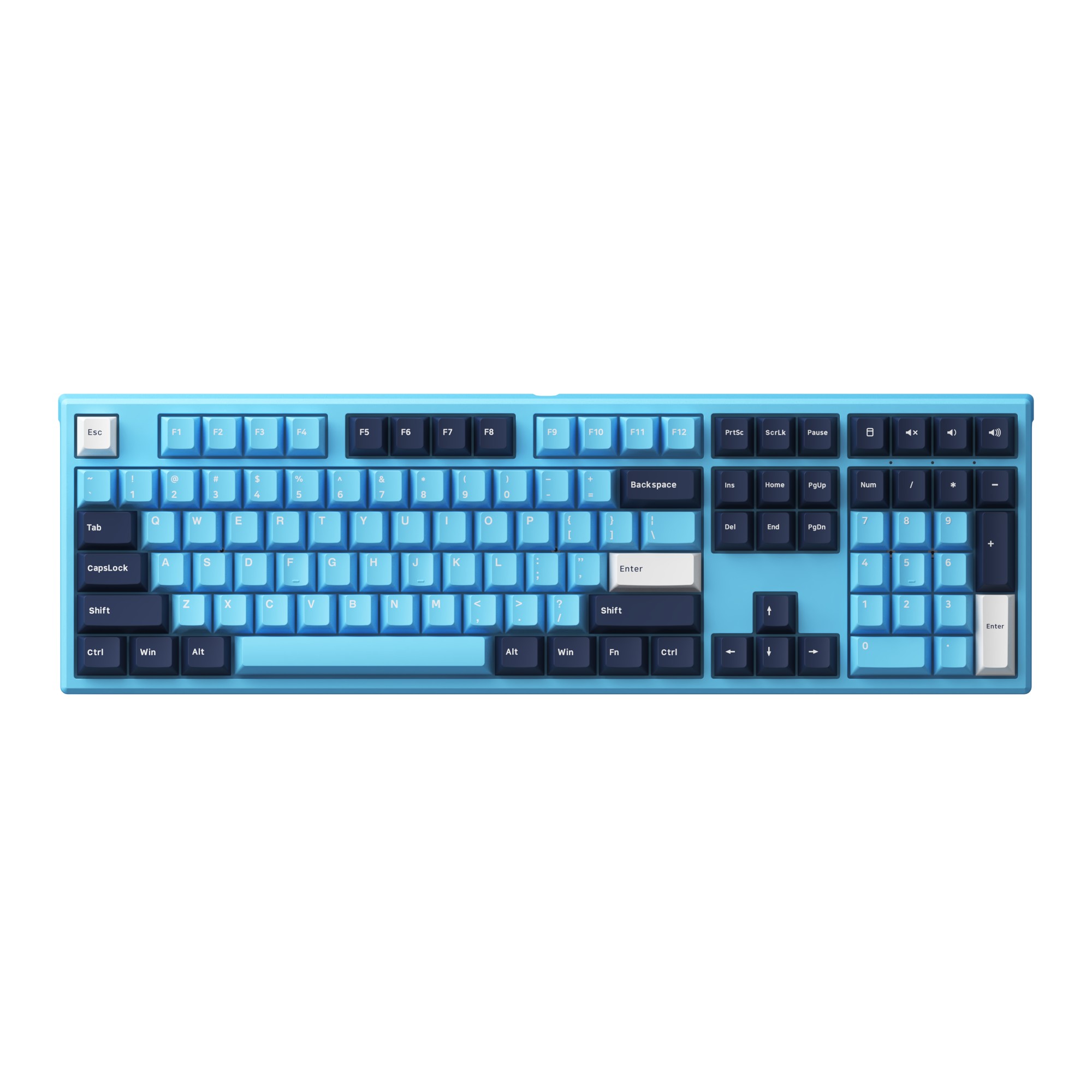 A blue and black mechanical keyboard with a gradient design, featuring keycaps in various shades of blue, white accents, and a sleek, modern layout.