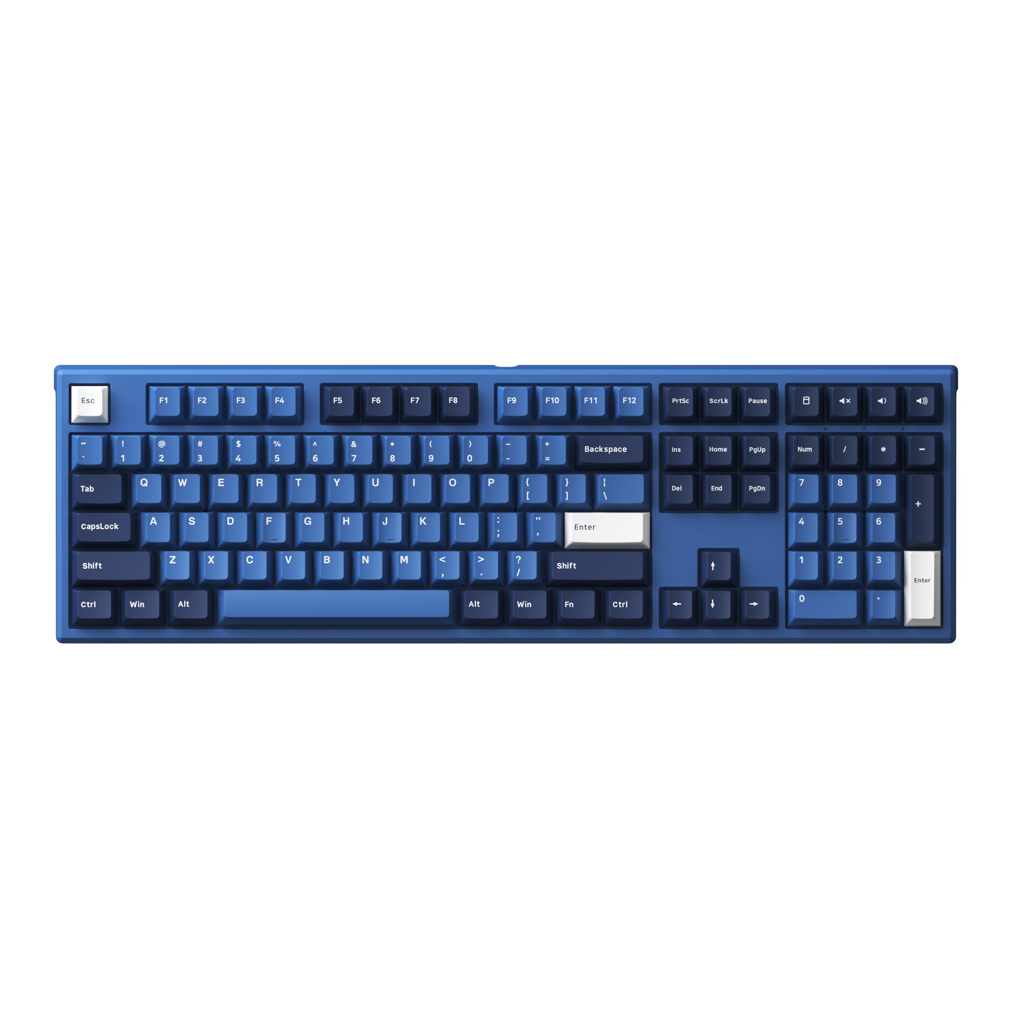 Blue and dark blue mechanical keyboard with a sleek design, featuring white keycaps for the function row and enter key, and a standard layout with a numeric keypad.