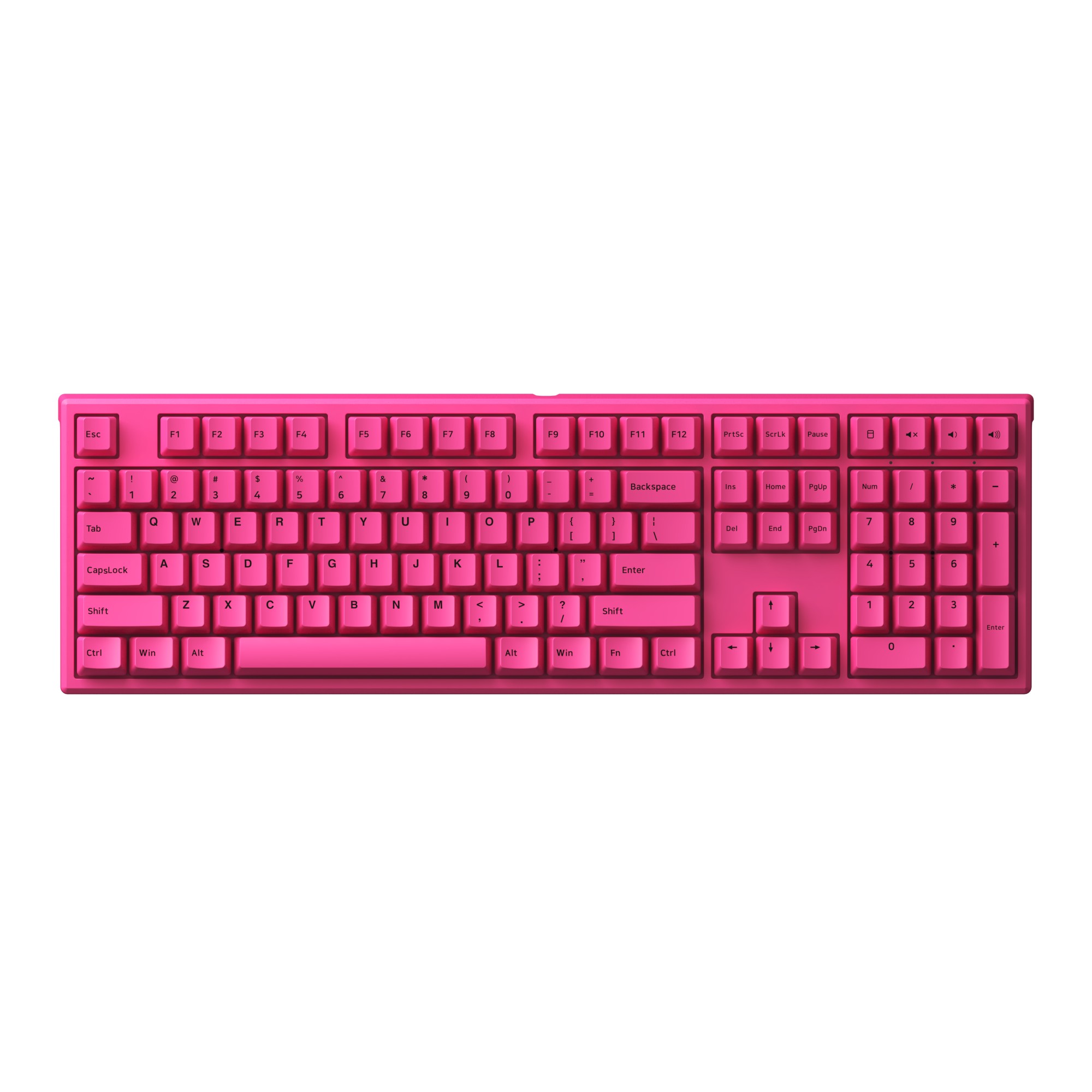 Bright rose red mechanical keyboard with a full layout, featuring pink keycaps and white legends, designed for a vibrant and stylish typing experience.