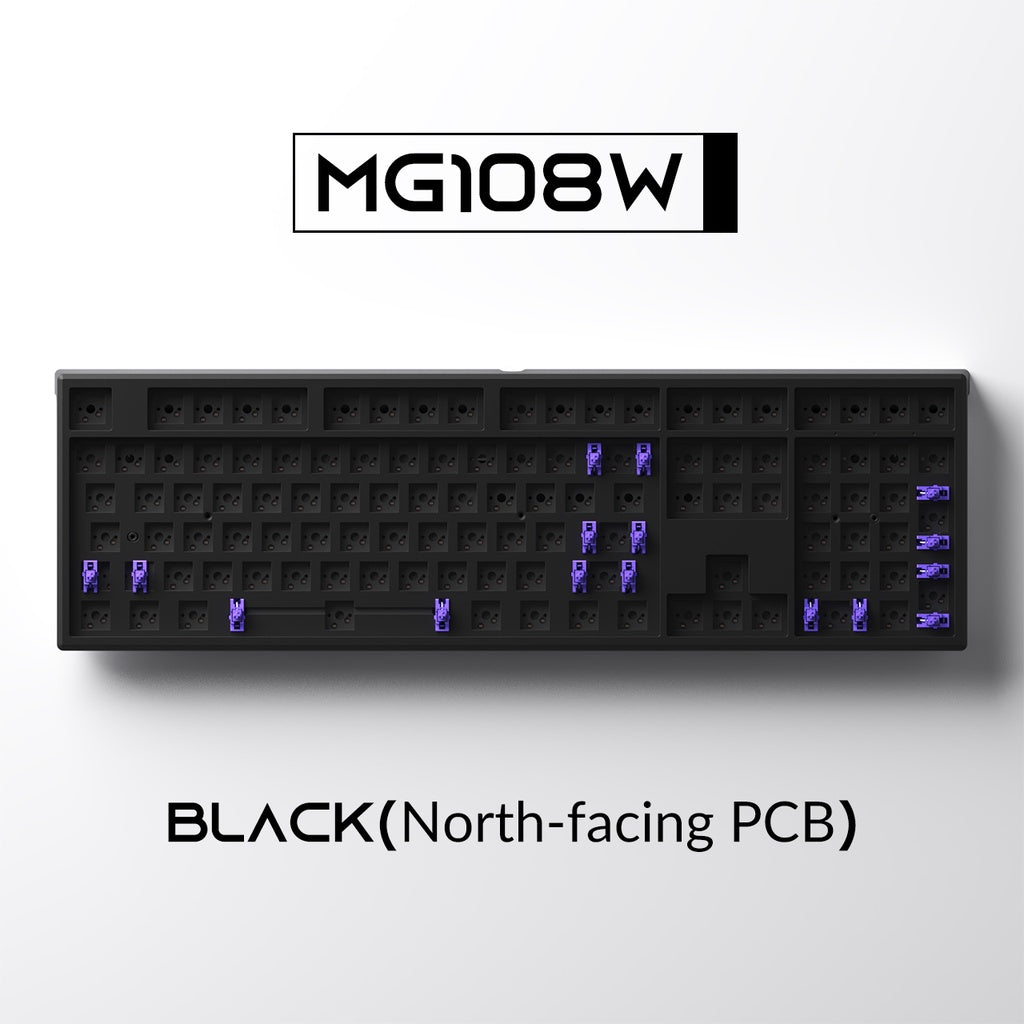 Black mechanical keyboard kit featuring a north-facing PCB, with a sleek design and purple switch mounts visible on the key layout.