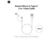 White Xiaomi 2-in-1 USB cable featuring a Micro USB and Type C connector, 30cm long, designed for fast charging and data transfer.