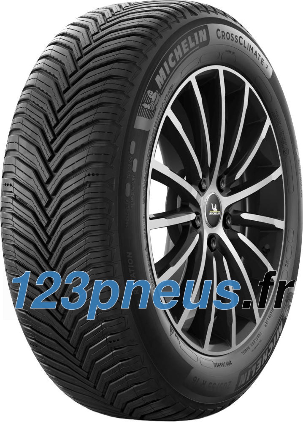 Black Michelin CrossClimate 2 tire (215/60 R17 100H XL) featuring a unique tread pattern for all-season performance and a sleek silver and black alloy wheel design.