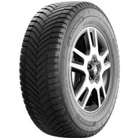 Michelin CrossClimate Camping tire, 225/65 R16CP, black rubber with V-shaped tread pattern and silver alloy wheel.