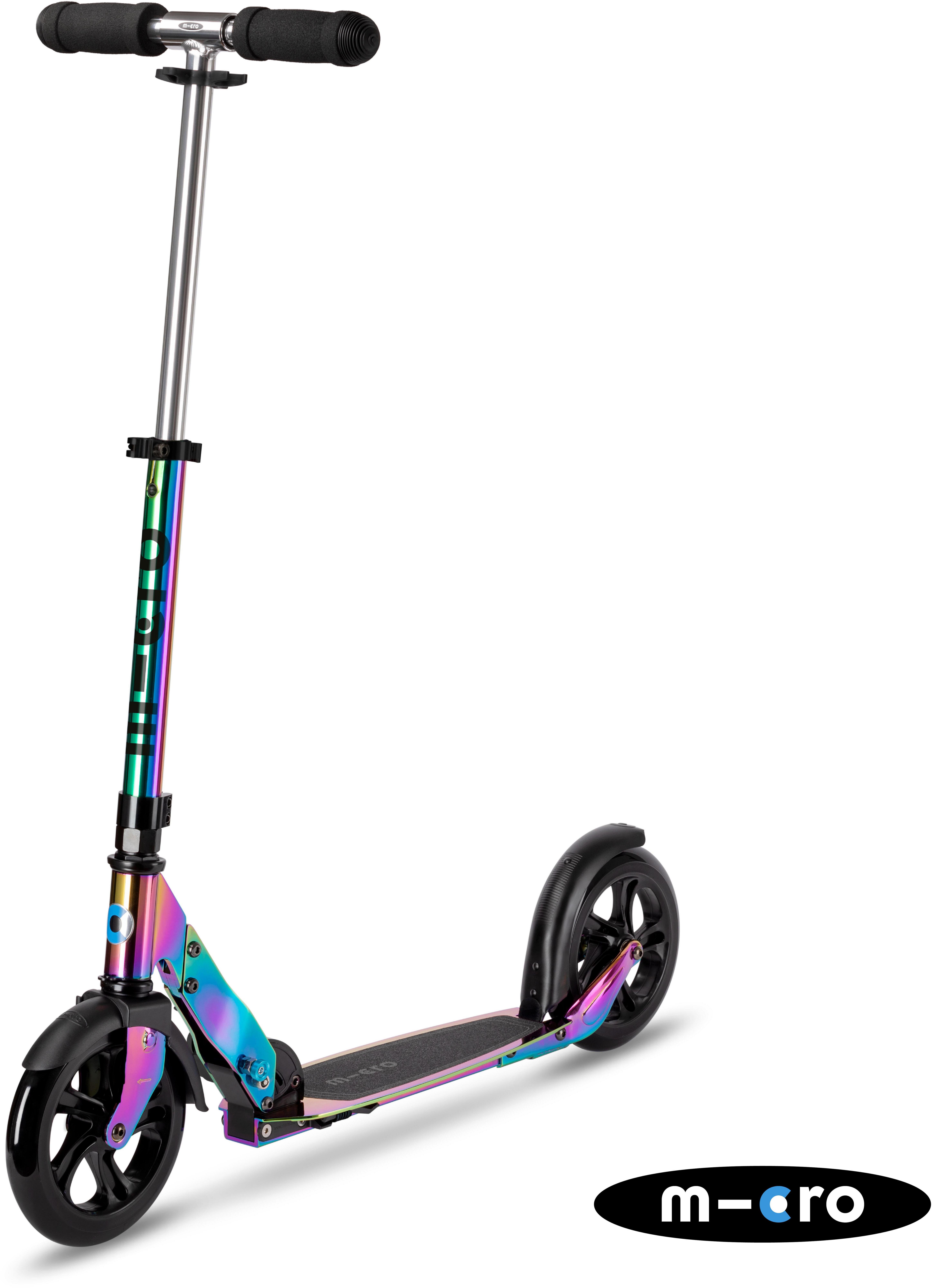 Neochrome Micro Classic Scooter with rainbow metallic finish, black handlebars, and large black wheels.