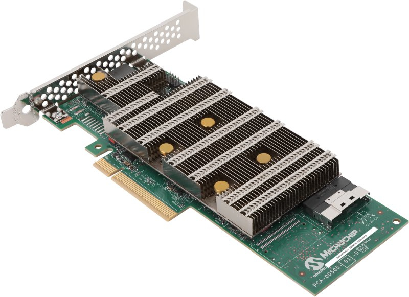 Green circuit board with multiple heatsinks, gold connectors, and a silver bracket, featuring the MICROCHIP TECHNOLOGY logo and labeled "3254C8IXS SmartRAID Adapters 24GBPS SAS SATA NVMe Controller."