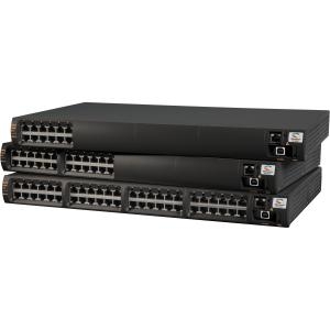 Three stacked black network switches with multiple ports on the front, featuring a sleek design and ventilation grilles on the sides, labeled with Microchip Technology branding.
