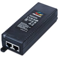 Black Microchip PoE adapter with two Ethernet ports and ribbed sides, featuring a label with colorful logo and specifications.