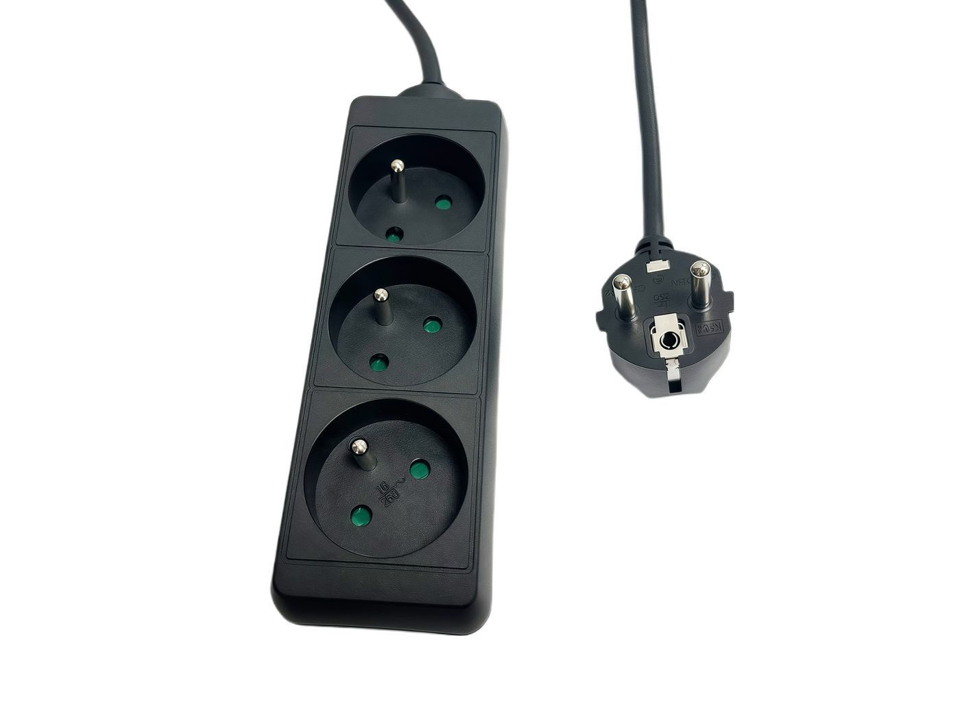 Black three-socket power strip with green indicator lights, featuring a sturdy design and a French type plug on the end.