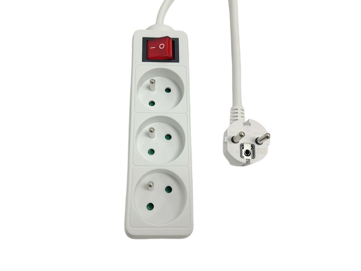 White three-way power strip with green sockets, a red on/off switch, and a white power cord with a two-prong plug.