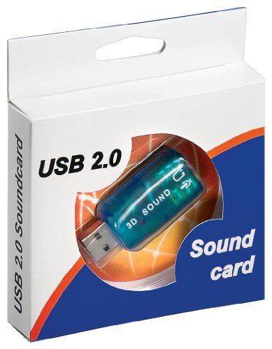 USB 2.0 audio sound card in a clear plastic packaging, featuring a blue and green design with "3D SOUND" text, showcasing its compact USB connector.