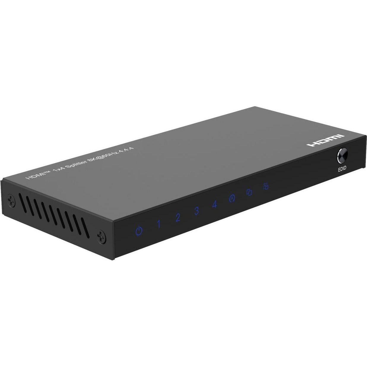 Black metal HDMI splitter with 1x4 output, featuring LED indicators and a sleek design, supporting 8K resolution at 60Hz for high-quality video distribution.
