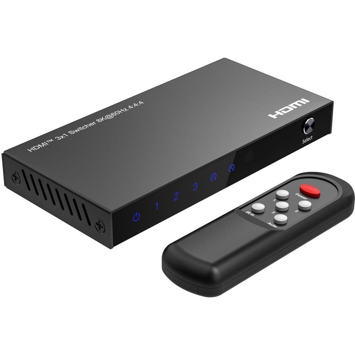 Black Microconnect 8K@60Hz HDMI switch with three input ports, featuring a sleek design, LED indicators, and a remote control for easy operation.