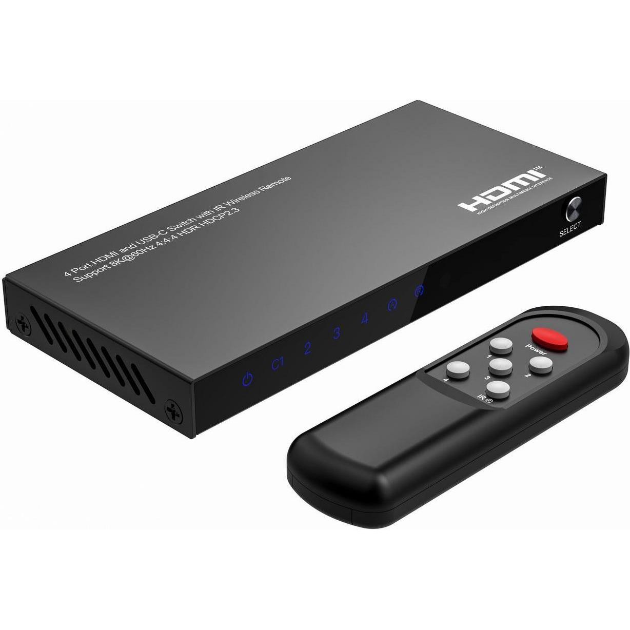 Black HDMI switch with four input ports, labeled C1 to C4, featuring a sleek design and a remote control with a red button and navigation keys.