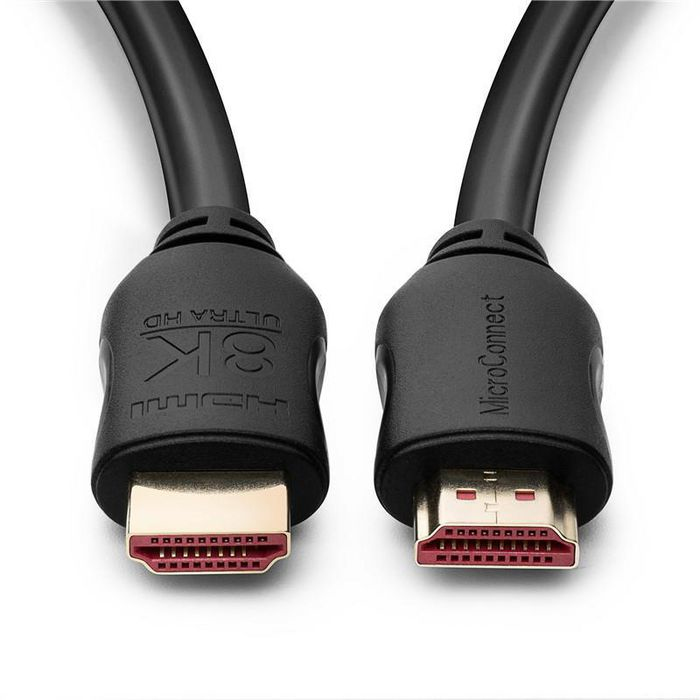 Black 4m Microconnect 8K HDMI cable with gold-plated connectors, featuring a durable design and clear labeling on the connector for high-definition video and audio transmission.