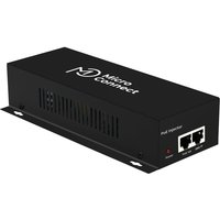 Black Microconnect 90W PoE Injector with dual Ethernet ports and vented sides, featuring white logo on top.