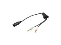 Black Microconnect AUDAL audio cable, 0.4 meters long, featuring two 3.5mm male connectors and one 3.5mm female connector, designed for audio connectivity.