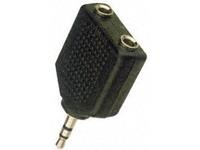 Black plastic 3.5mm audio cable gender changer with two female connectors and a textured surface for grip, designed for connecting audio devices.