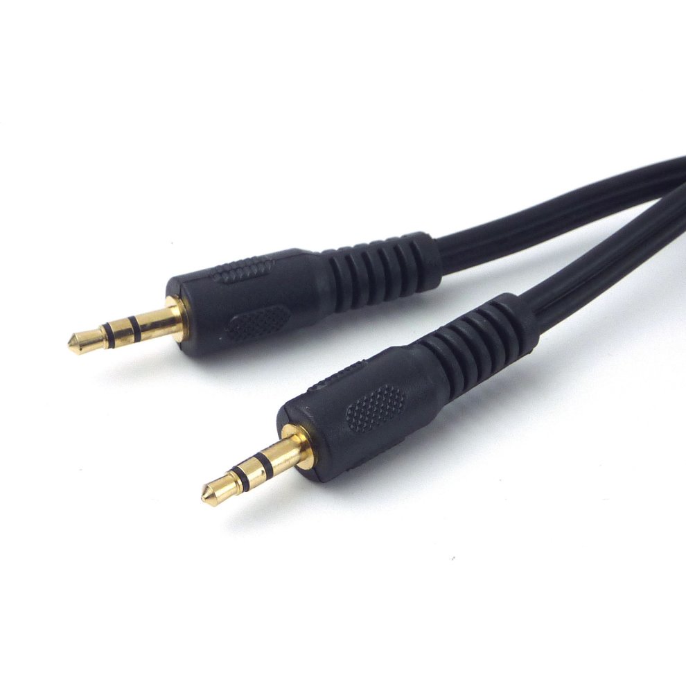 Black 1-meter audio cable with two 3.5mm gold-plated connectors, featuring textured grips for easy handling.