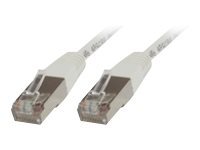 White 0.25-meter Cat5e networking cable with F/UTP shielding, featuring clear plastic connectors on both ends for secure connections.