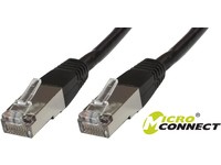 Black 10-meter Cat5e F/UTP networking cable featuring sturdy connectors with transparent clips at both ends, branded with the Microconnect logo.