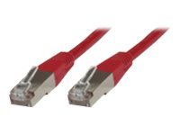 Red 0.25 m Cat6 F/UTP networking cable with clear plastic connectors and metal shielding on both ends, designed for high-speed data transmission.