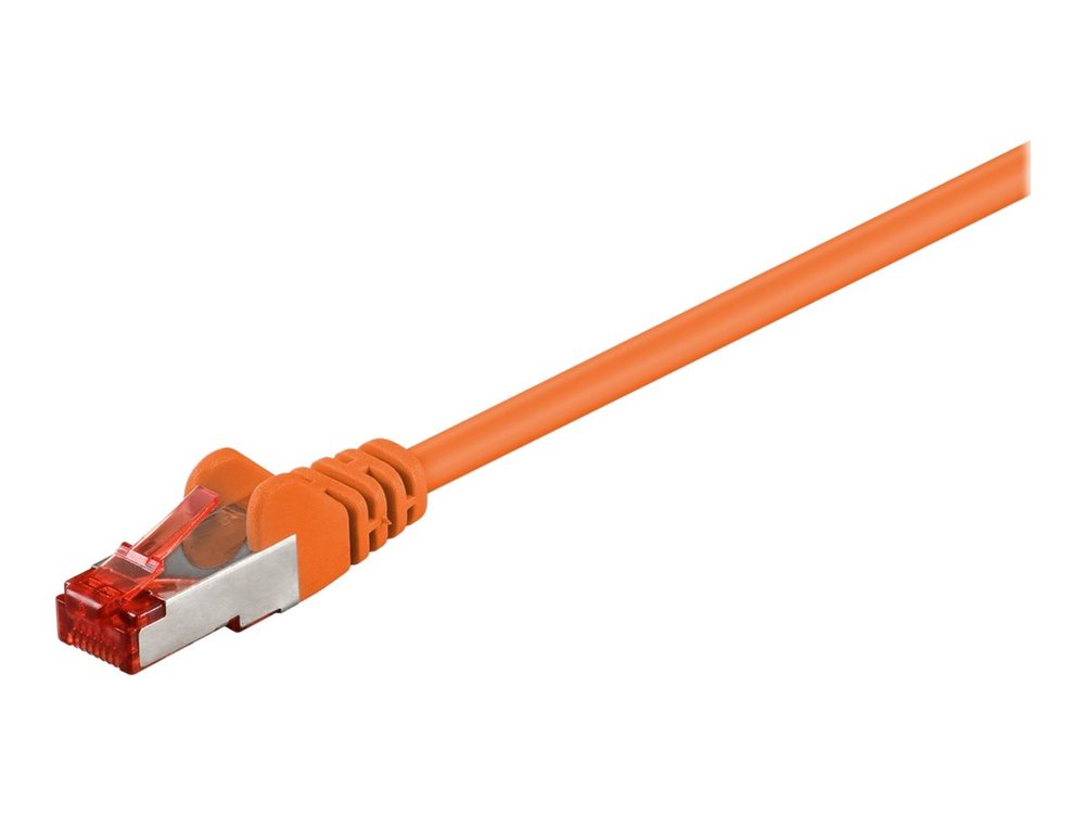 Orange 1-meter Cat6 F/UTP networking cable featuring a clear plastic connector with a locking tab, designed for reliable data transmission.