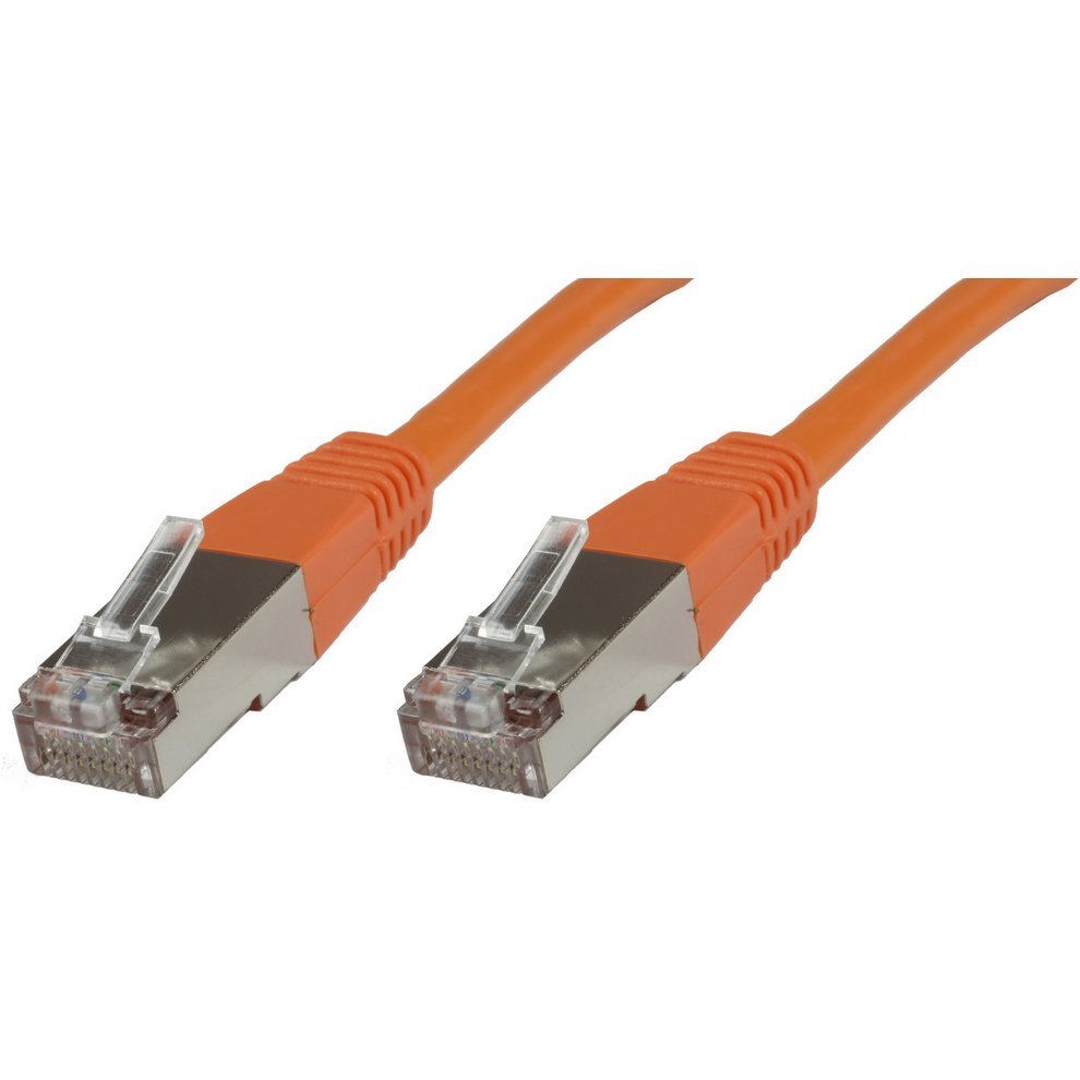 Orange 2-meter Cat6 F/UTP networking cable with clear plastic connectors, featuring metal shielding for enhanced performance and reduced interference.