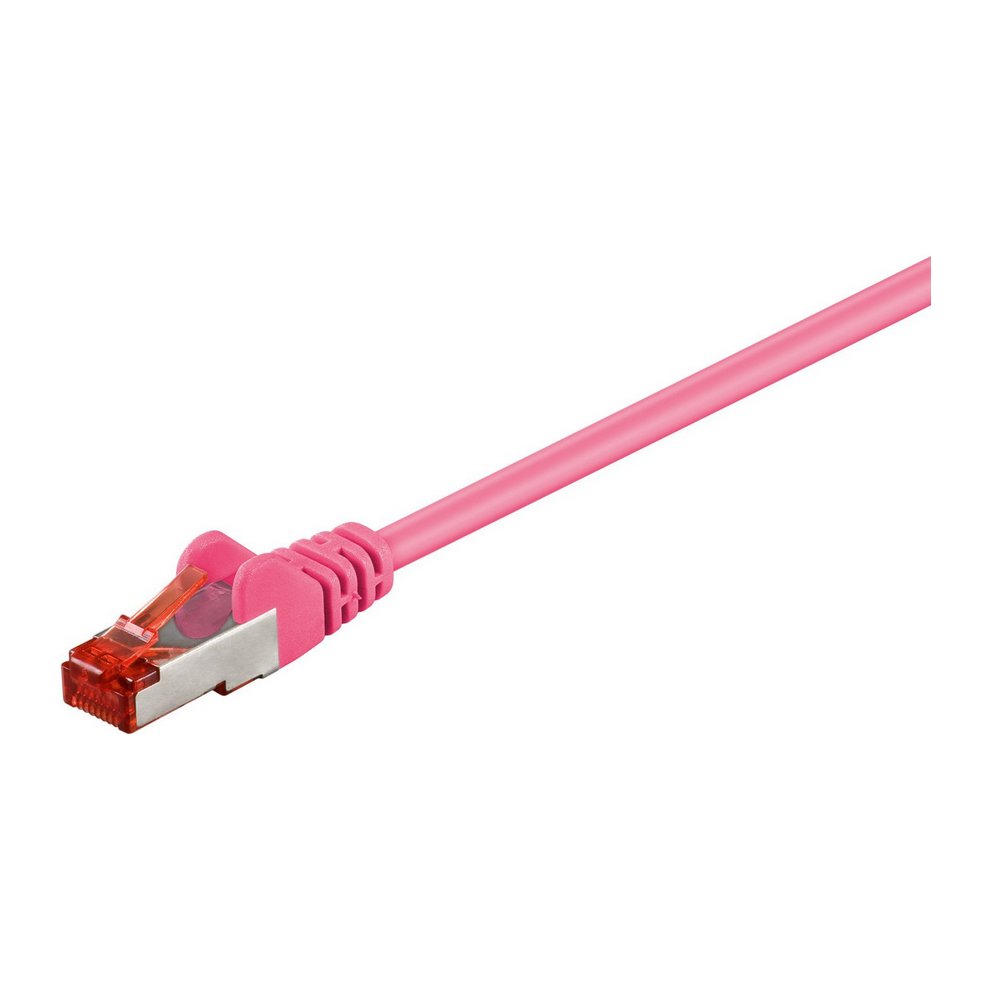 Pink 2-meter Cat6 F/UTP networking cable with a flexible plastic exterior and clear connector, featuring a distinctive bright color for easy identification.