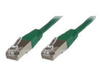 Green 5-meter Cat6 F/UTP networking cable with metallic connectors on both ends, designed for high-performance data transmission.