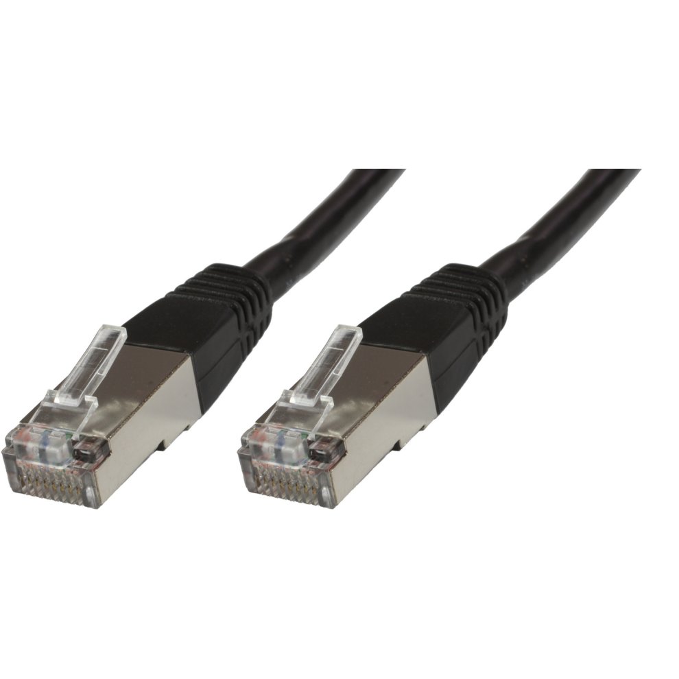 Black 5-meter Cat6 S/FTP networking cable featuring durable connectors with clear plastic clips and metal shielding for enhanced performance.