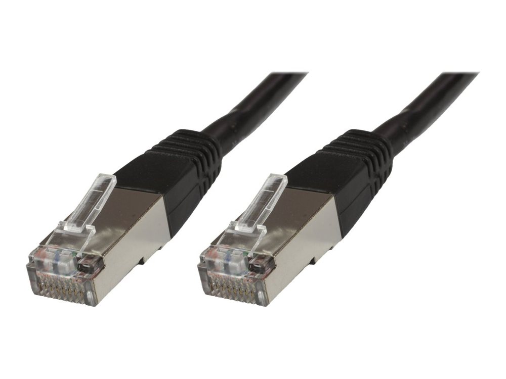 Black 10-meter Cat6 S/FTP networking cable featuring durable connectors with clear plastic tabs and metal shielding for enhanced performance.