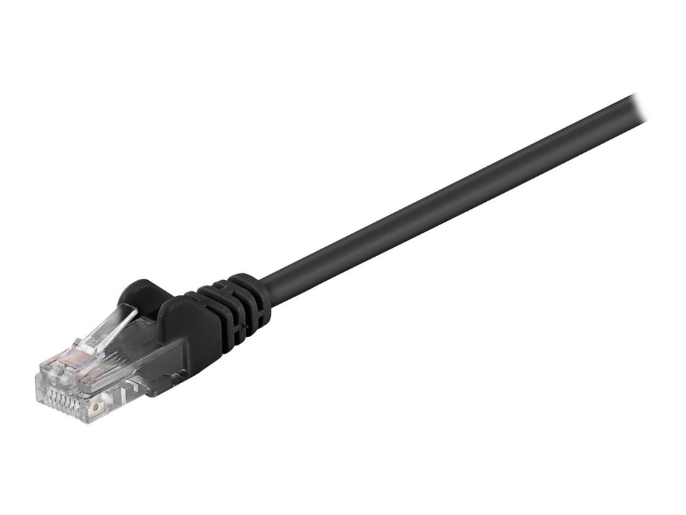 Black 0.25 m Cat5e U/UTP networking cable with a clear plastic connector and a sturdy black rubberized casing, designed for reliable data transmission.