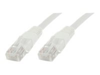 White 0.5-meter Microconnect B-UTP5005W networking cable featuring U/UTP connectors, designed for Cat5e Ethernet connections.
